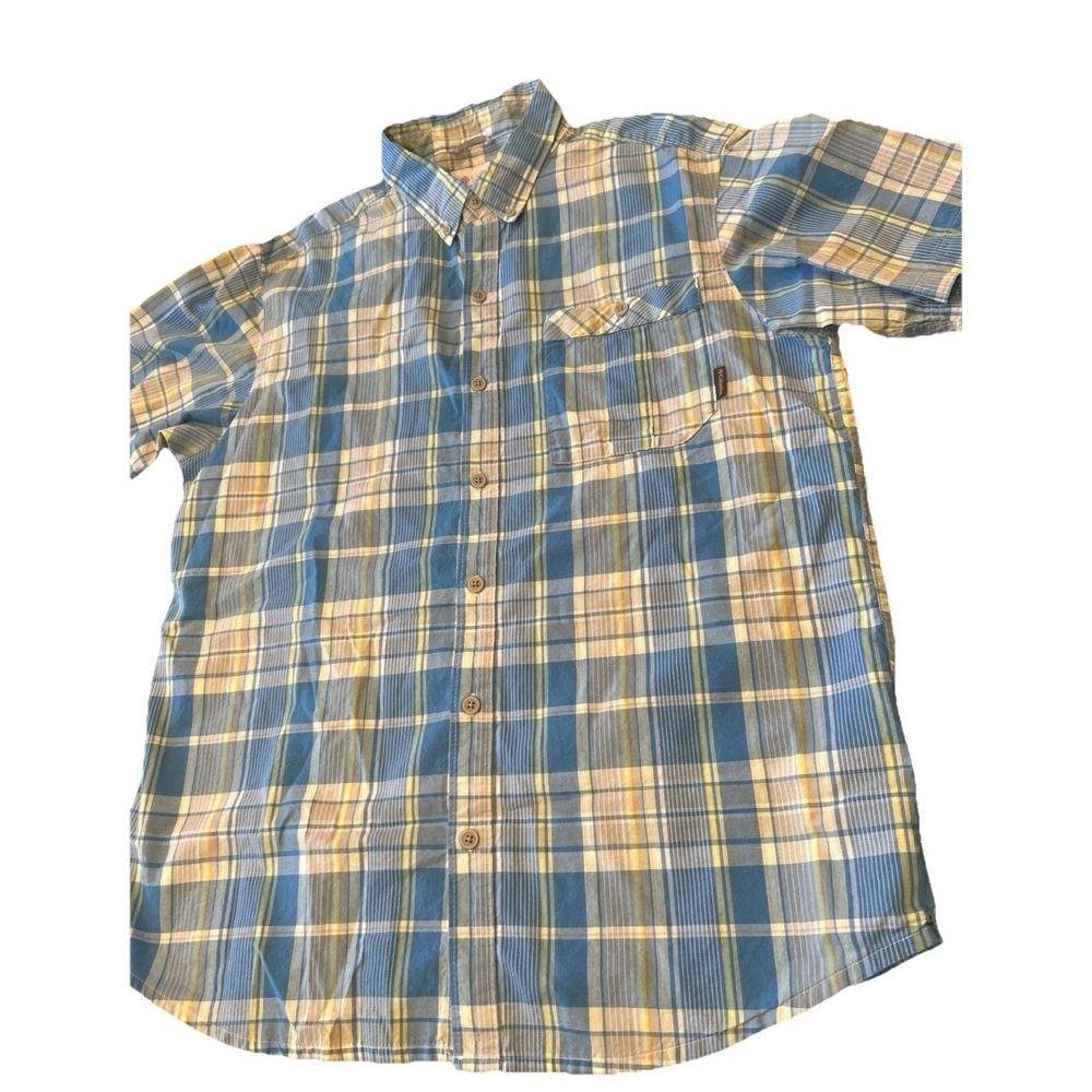 Men's Columbia Button Down Short Sleeve Camp Shirt L Turquoise Plaid Cotton